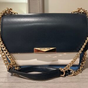 NWT MICHAEL KORS Jade Large Gusset 3-Color Navy White Blue Leather Shoulder Bag